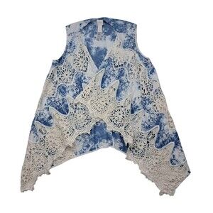 Chico's Vest Women's 1 Medium Blue Tie Dye Boho Lace Crochet‎ Festival Western